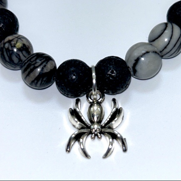 Handmade Halloween Spider Charm Bracelet with Natural Jasper & Lava Rock Stones! - Picture 6 of 8